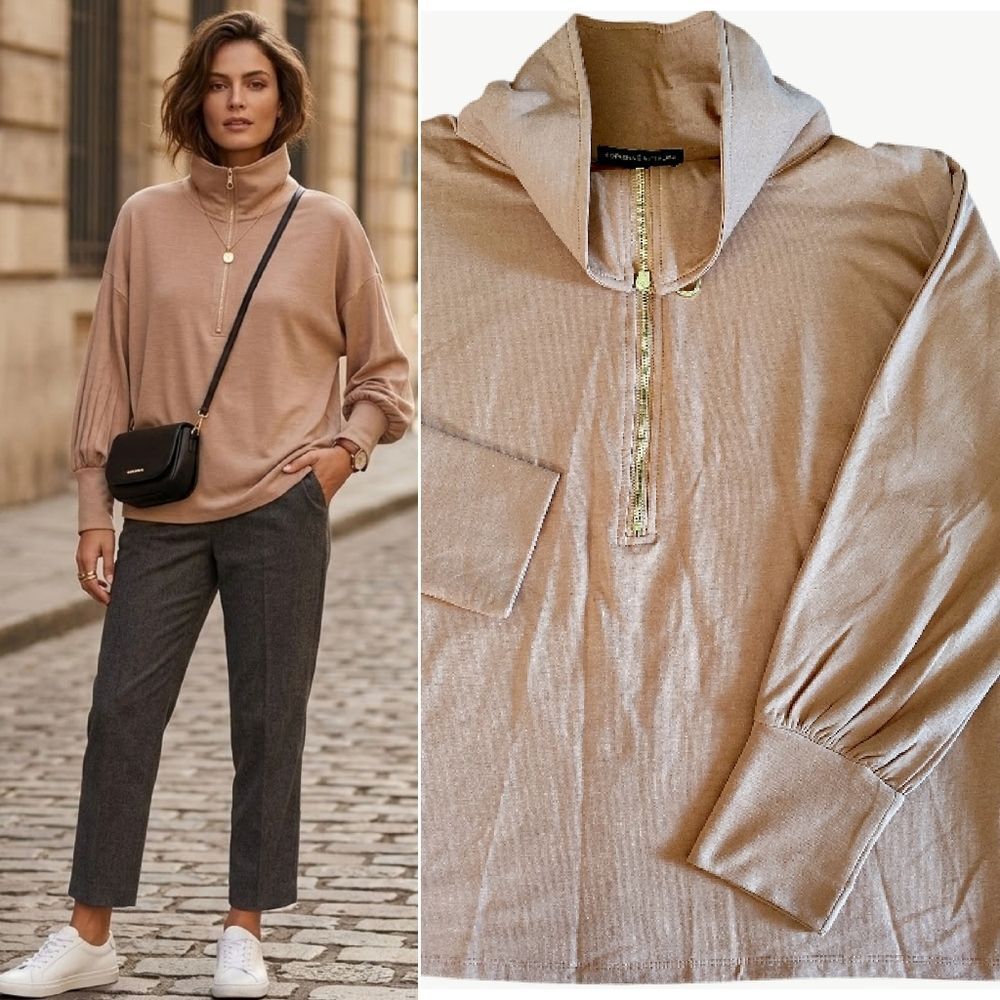 Adrienne Vittadini Beige Gold Half Zip Mock Pullover Sweatshirt Medium NWOT